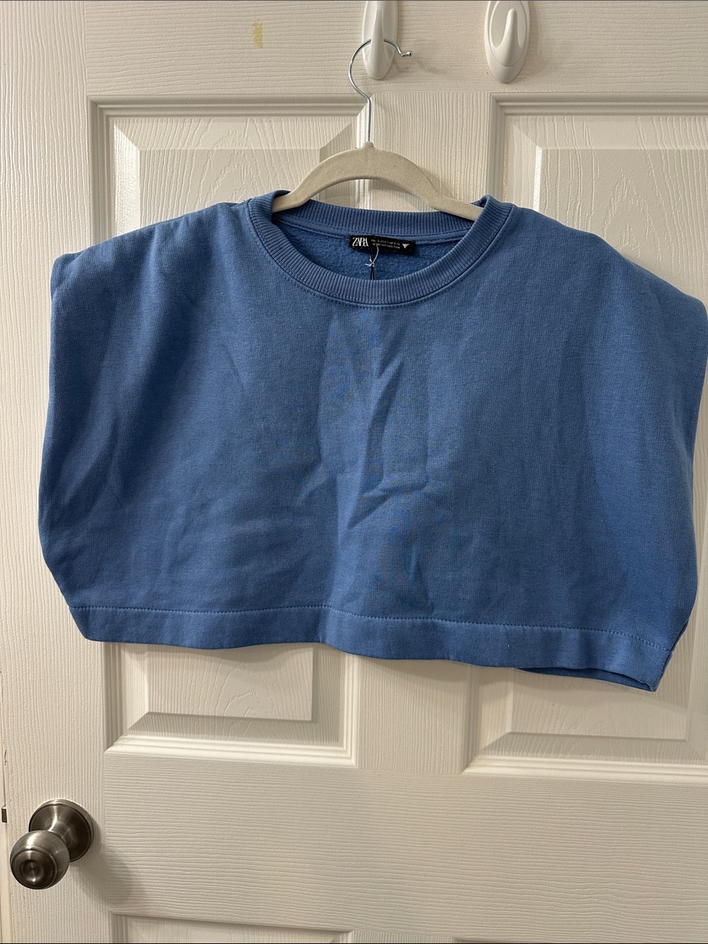 Zara Dusty Blue Boxy Cropped sleeveless Sweatshirt. Size Small